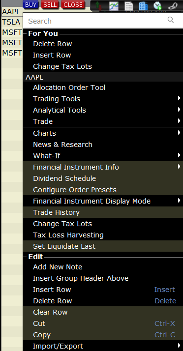 The right click on market data line in classic TWS